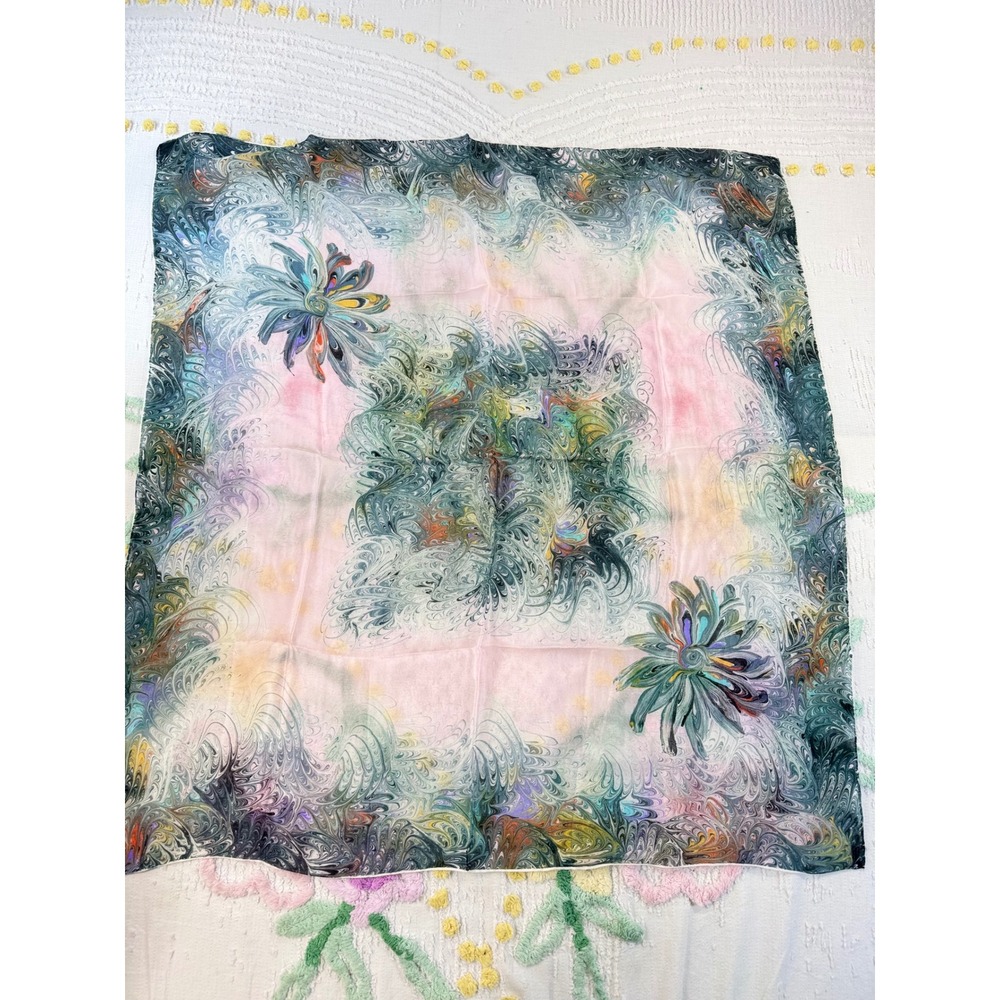 Vintage 100% Silk Scarf Hand Rolled Made in Japan Pink Green Marbled Print 31x31 - Picture 3 of 10